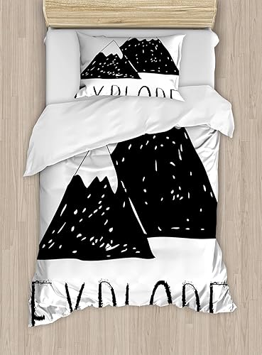 Ambesonne Juego de funda de edredón de aventuras, diseño de bosque salvaje dibujado a mano con temática de naturaleza de montañas simples, juego de