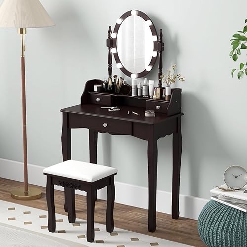 Miniatura 7 de Byroce - Juego de tocador con taburete acolchado, mesa de maquillaje con espejo ovalado iluminado giratorio de 360°, 3 cajones, 10 luces LED,