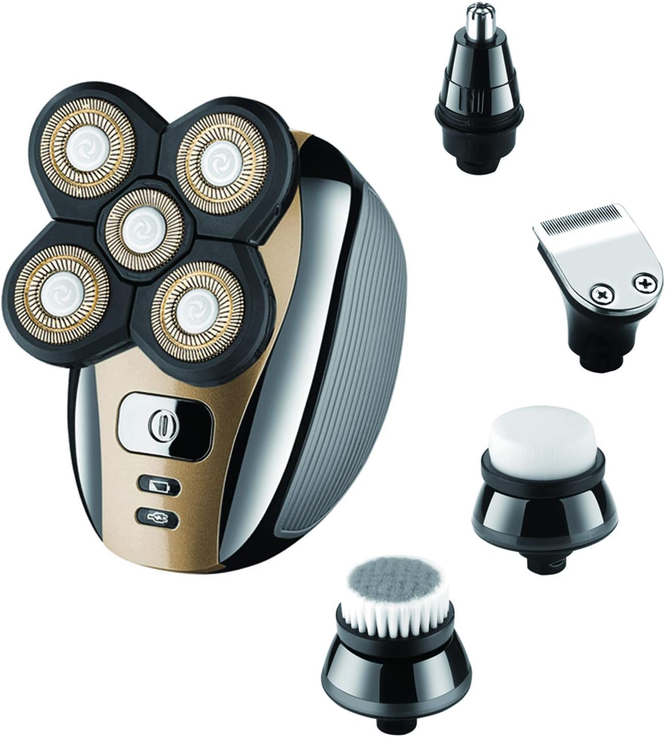 Electric Head Shaver Razor for Bald Men Gold Grooming Kit 5 in 1 Wet Dry Rotary Shavers Nose Hair Beard Trimmer Clippers Facial Cleansing Brush Cordless Waterproof USB Charging Rechargeable