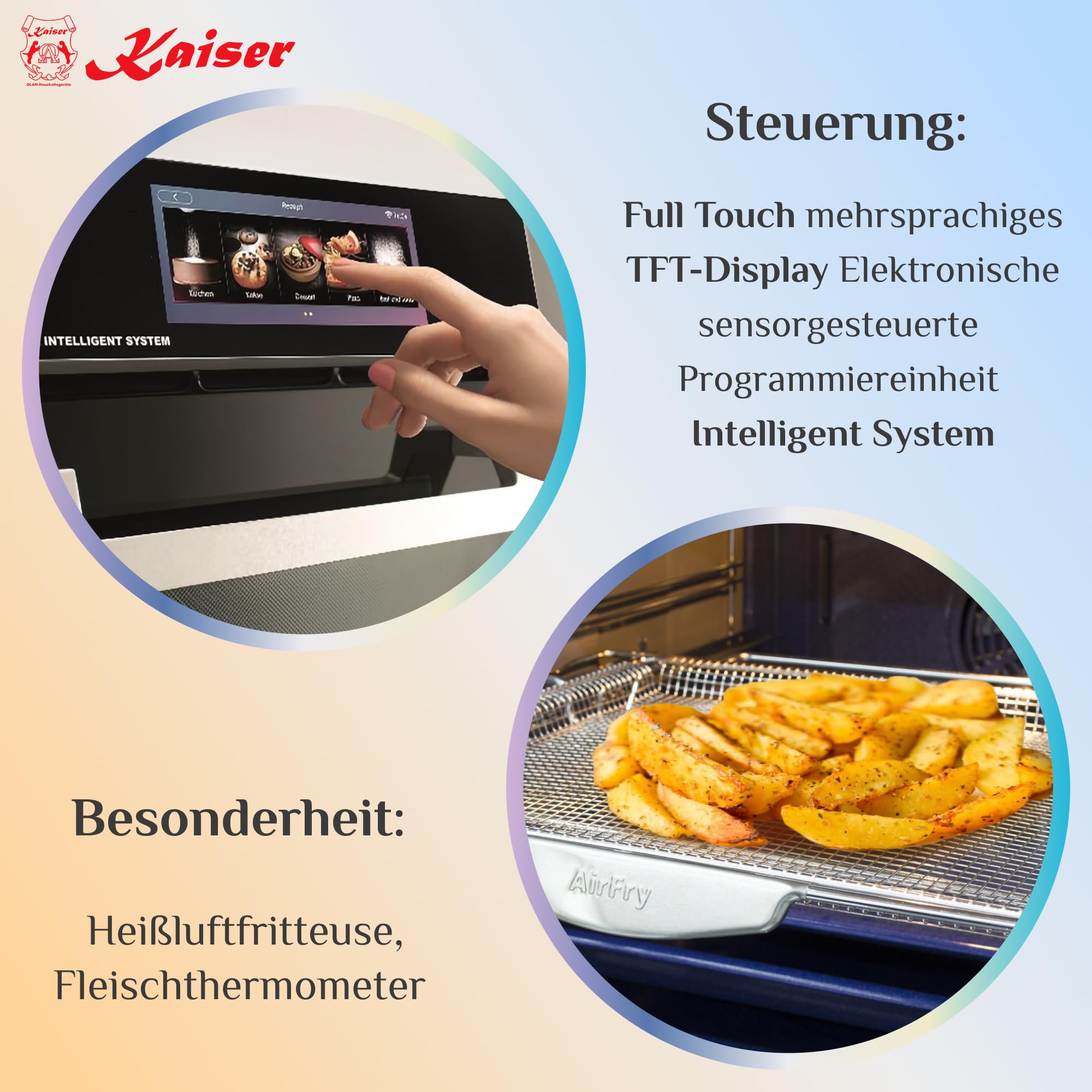 Kaiser Zestaw piekarnika 60 cm EH 6344 N + KCT 6140 FI + AT 6410 • kuchenka do zabudowy Autark czarne szkło • piroliza piekarnik 86L Air Fryer TFT • płyta indukcyjna FREE ZONE • okap kuchenny 1250 m³