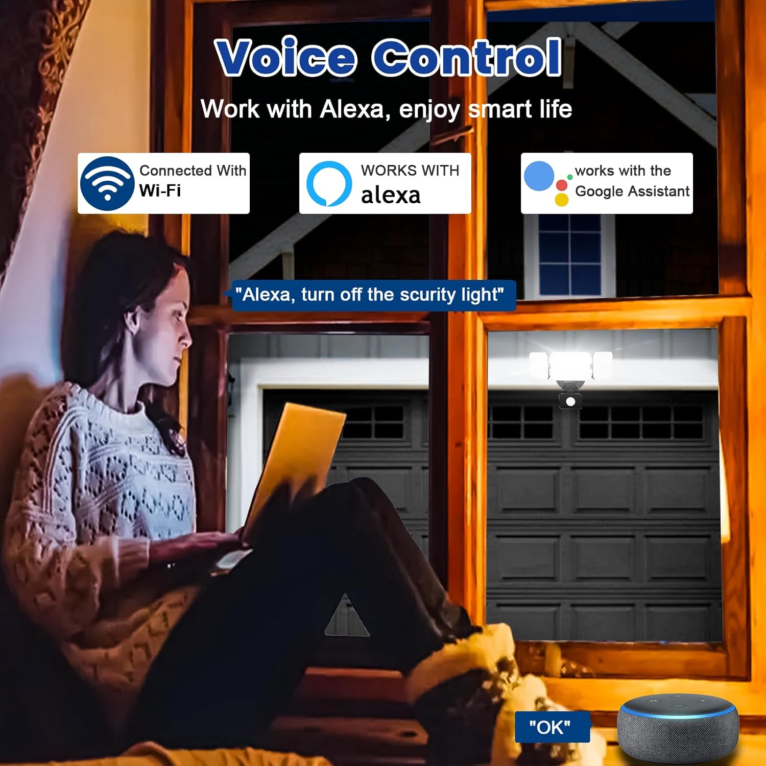 A person using voice commands with an Amazon Echo device to control the EMANER Smart Security Light, which is shown illuminating a garage area.