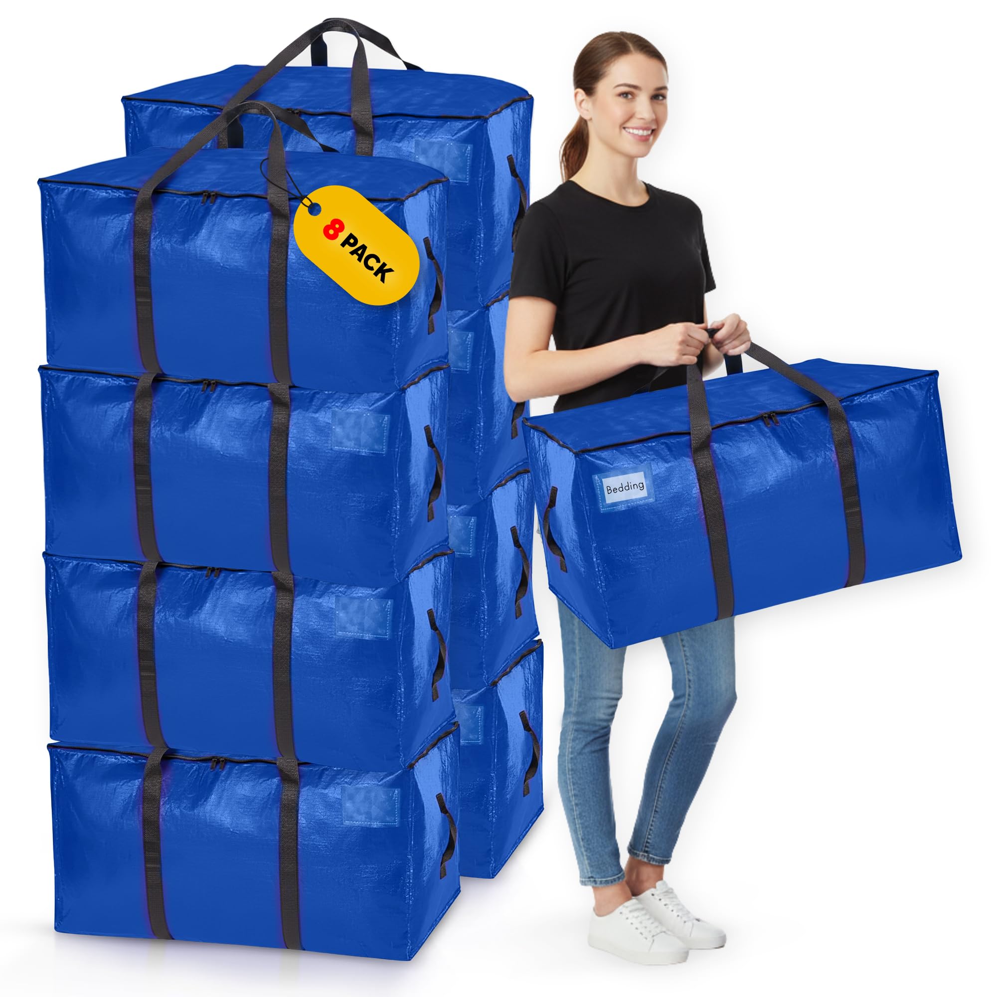 Homxters Blue Heavy Duty Extra Large Storage Bags With Zipper - Pack Of 8 Clothes Moving Bags - Strong Handles & Straps - 90L Large Foldable Plastic Water Resistant Packing Tote For Duvet, Bedding, Blanket