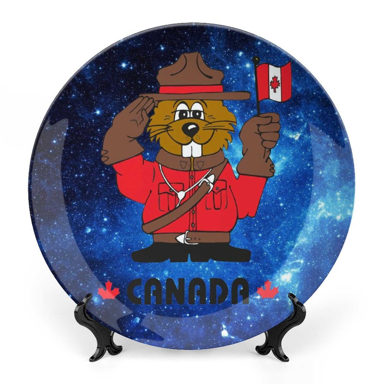 Platos decorativos de porcelana china de hueso con castor de Canadá de 8 pulgadas y soporte