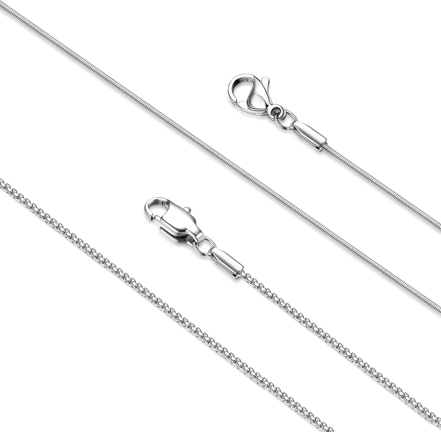 LOLIAS 2Pcs Stainless Steel Chain Necklace for Women - 1mm Thin & Strong Silver Chain Necklace - Hypoallergenic Snake Box Necklace, 16 18 20 22 24 28 30 Inch