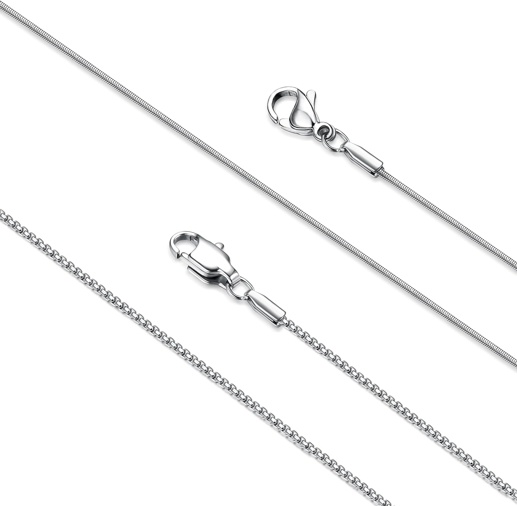 2Pcs Stainless Steel Chain Necklace for Women - 1mm Thin & Strong Silver Chain Necklace - Hypoallergenic Snake Box Necklace, 16 18 20 22 24 28 30 Inch