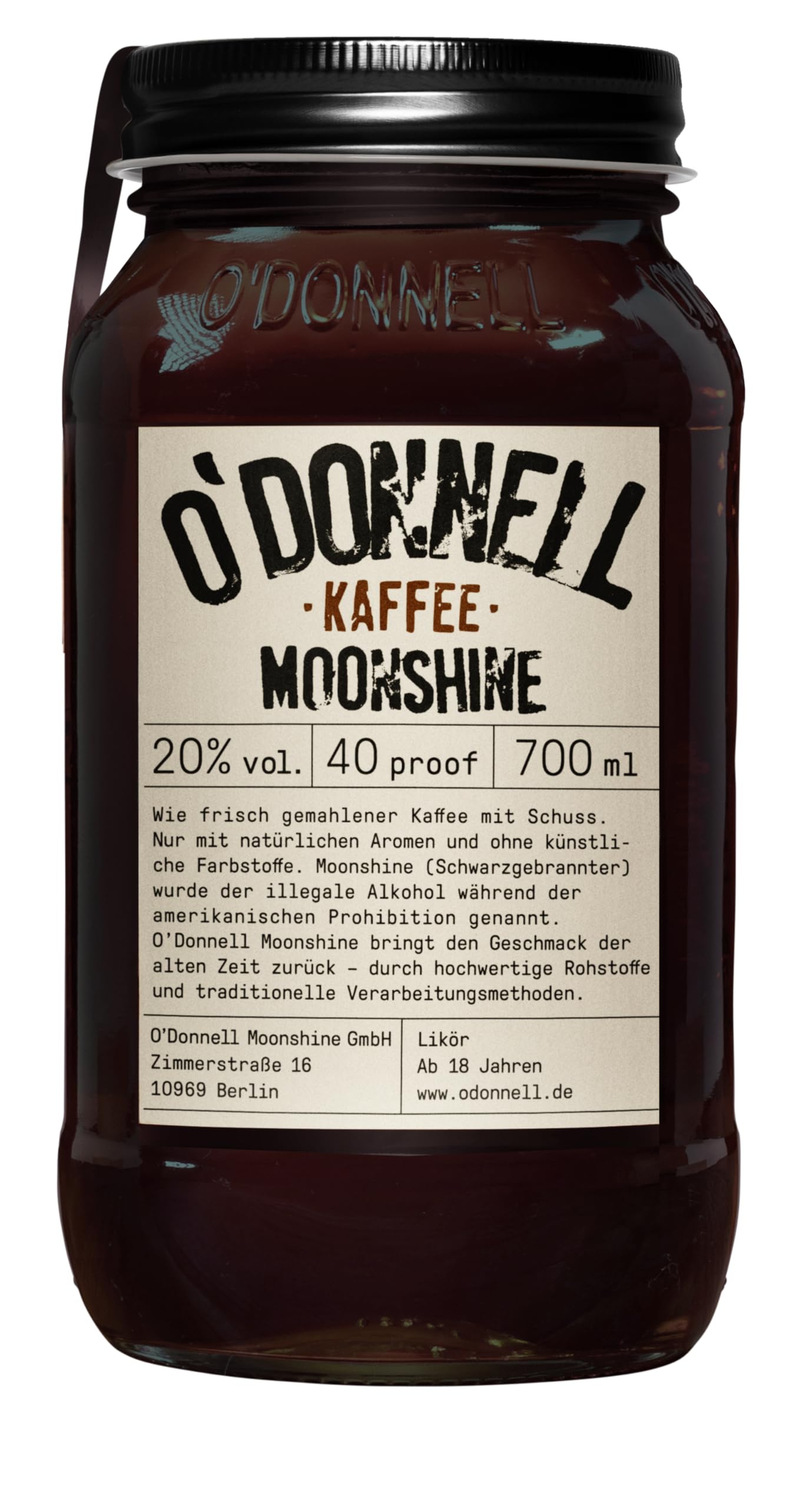 O’Donnell Moonshine Kaffeelikör Vegan (700ml) – Vollmundiger Coffee Likör (20%) mit belebender Kaffee-Power und lang anhaltendem Aroma – Perfekt für Cocktails und puren Genuss, Made in Berlin
