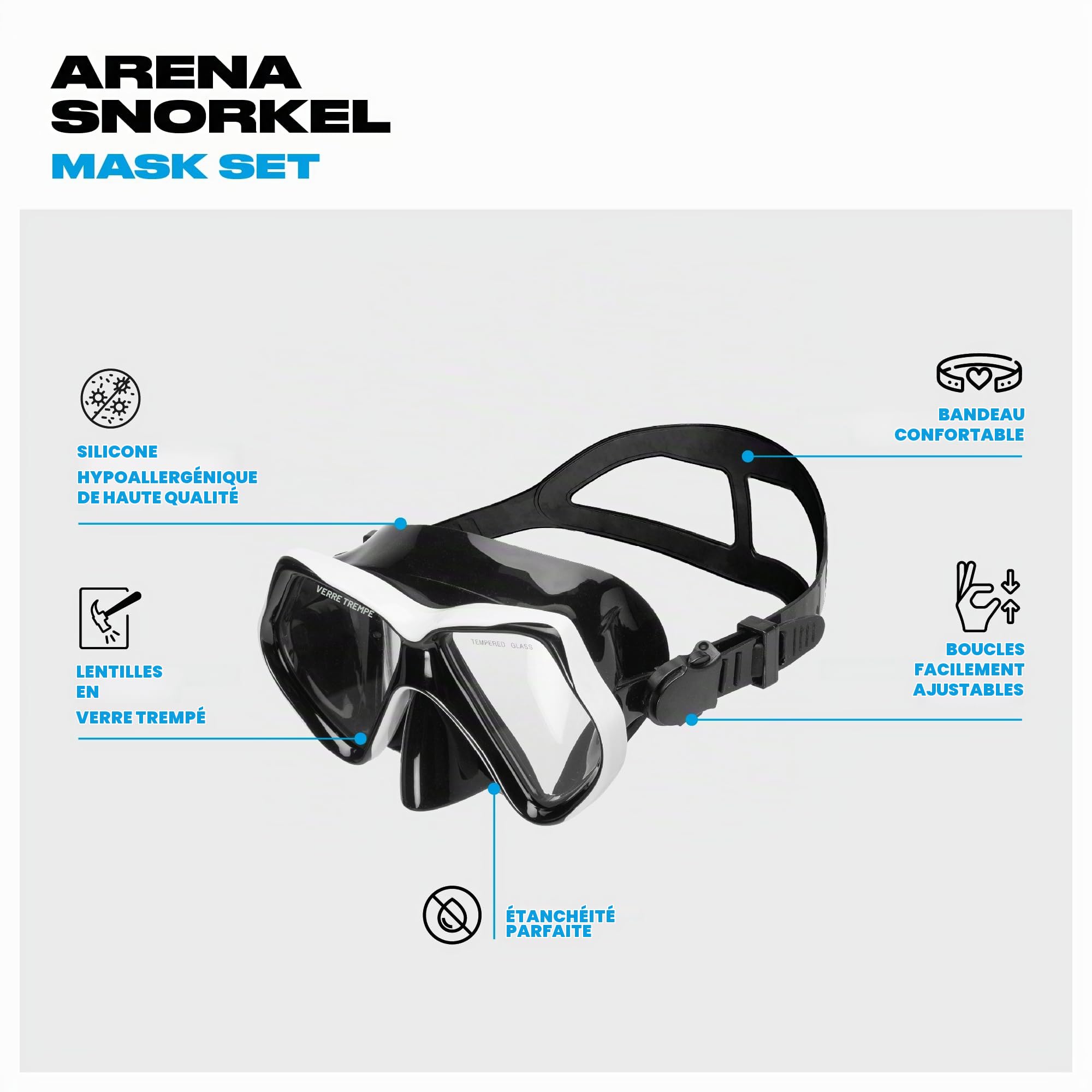 Arena Ensemble Masque et Tuba pour Adultes, Masque Snorkeling Unisexe pour la Mer, Tuba Snorkeling avec Technologie Anti-Infiltration, Tube Flexible avec Soupape de Purge, Silicone Hypoallergénique