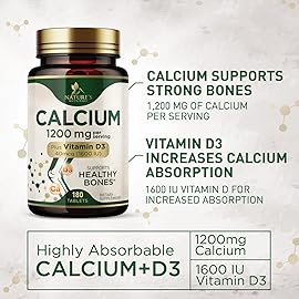 Calcium 1200 mg with Vitamin D3 - Bone Health Supplement, Vitamin D & Calcium Supplements for Women & Men - Bone Strength, Teeth & Immune Support, Nature\'s Calcium Pills, Bottled in USA - 180 Tablets