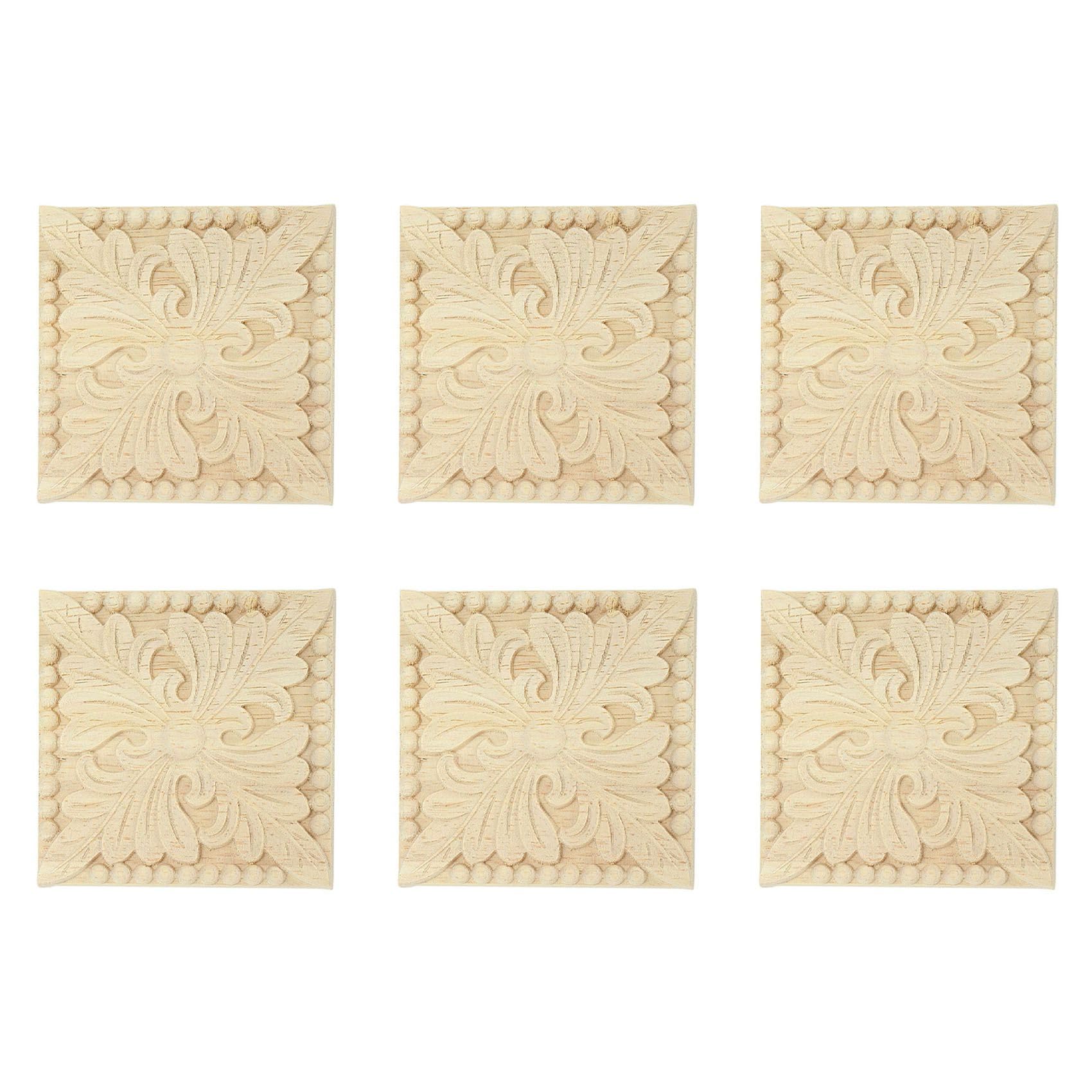 Vjsujehgy 6X Natural Wood Appliques Square Flower Carving Decals Decorative Wooden Mouldings 10x10cm