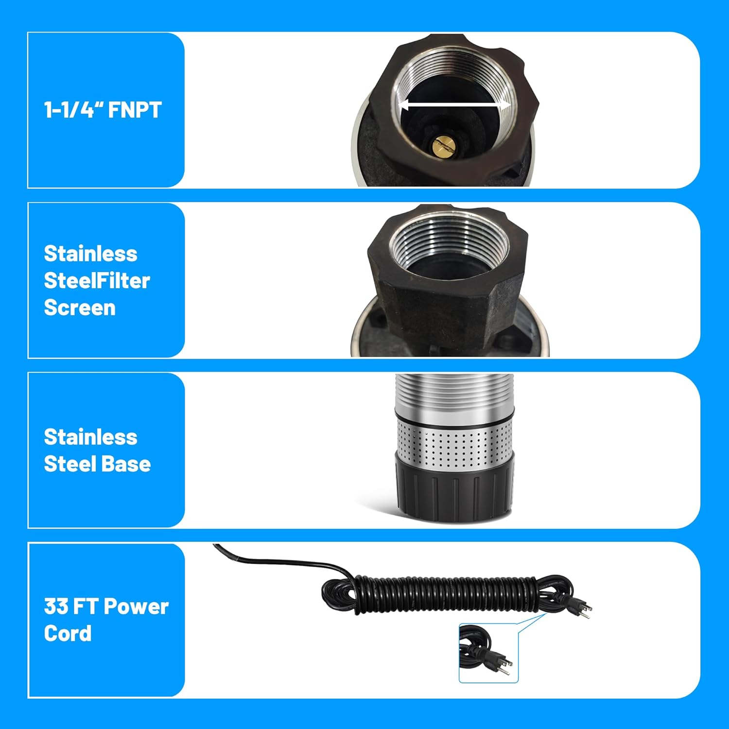 Azzuno 1.1 HP Submersible Water Pump, 230V 60Hz Stainless Steel Septic Pump with 33FT Cable, High-Efficiency Construction, Ultra-Quiet Deep Well Pumps for Sump Drainage, Basement, Vault