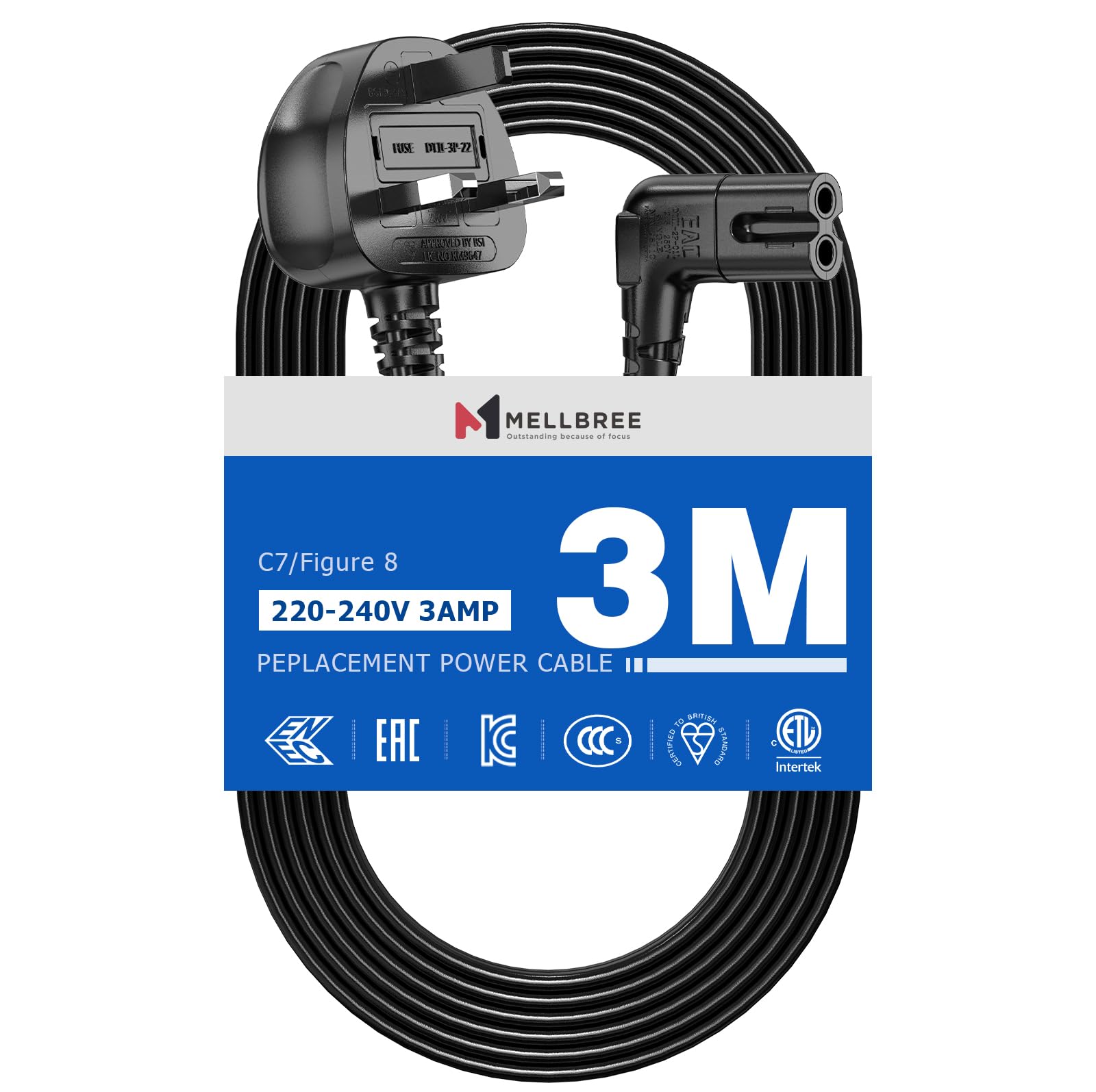 – Power Cable Compatible with Samsumg TV 3M, Mellbree Quality Safe Right Angle Suitable for Awkward Space Figure 8 Power Cable Compatible with Samsung, LG, Panasonic TV Black