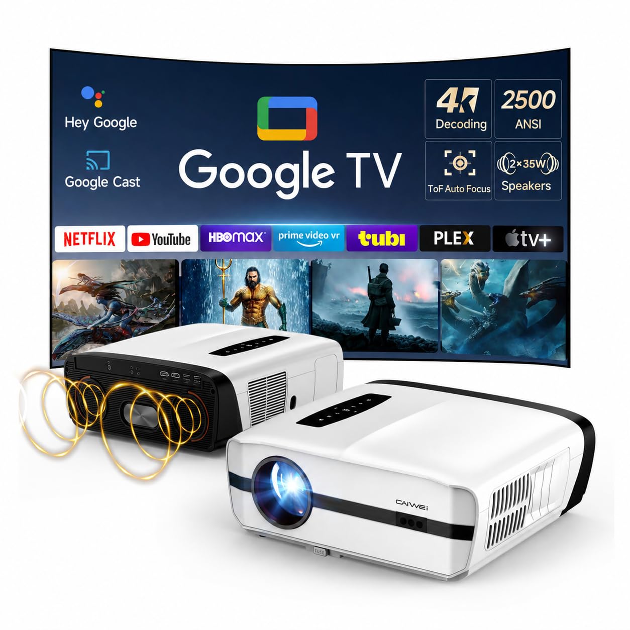 Projektor 4K Google TV, 2500 ANSI lumenów, światło dzienne, projektor kina domowego z WiFi Bluetooth HDMI ARC/CEC, 35 W x 2 Deep Bass, Dolby Audio, autofokus ToF i MEMC, idealny do salonu, gier, na