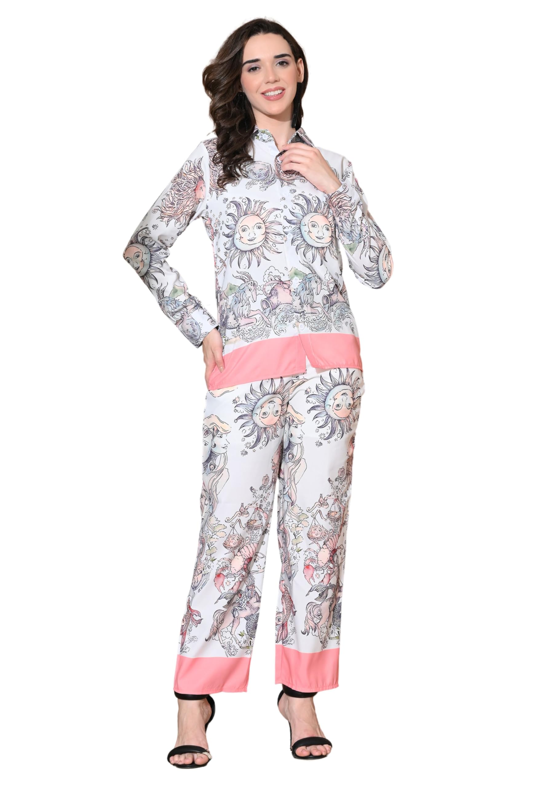 Women’s 3-Piece Cotton Co-Ord Set | Printed Shirt, Wide-Leg Pants & White Camisole | Stylish Sun & Moon Design Outfit for Office Wear, Casual, Travel & Brunch-White-picture-31