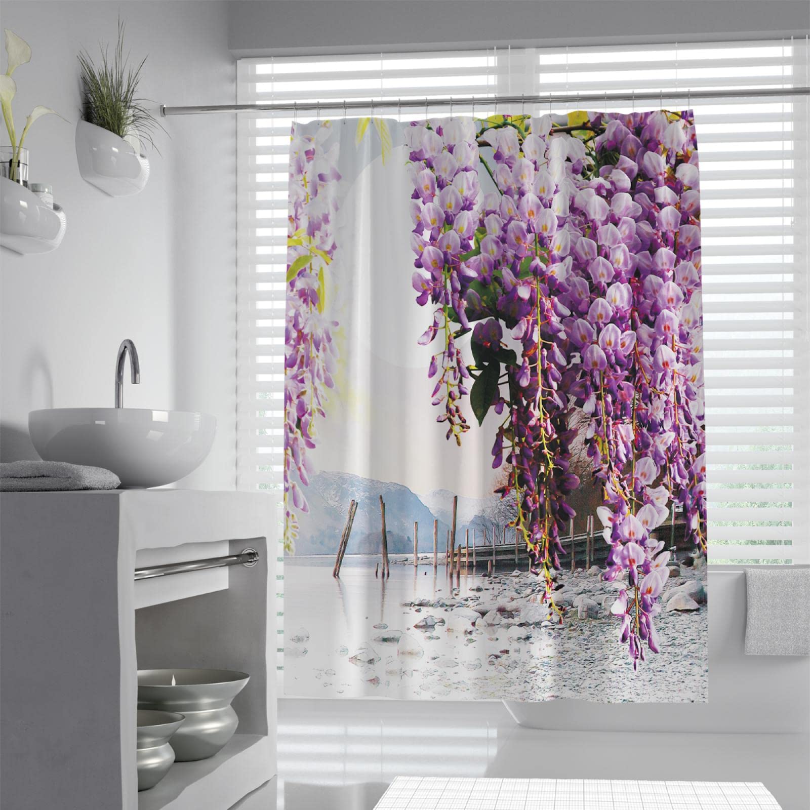 Paars bloeiende bloemen douchegordijnbladeren op de bovenste Plant Met bloemen Riverside badkamerdecoratie douchegordijnsets Met Haken 183x198cm