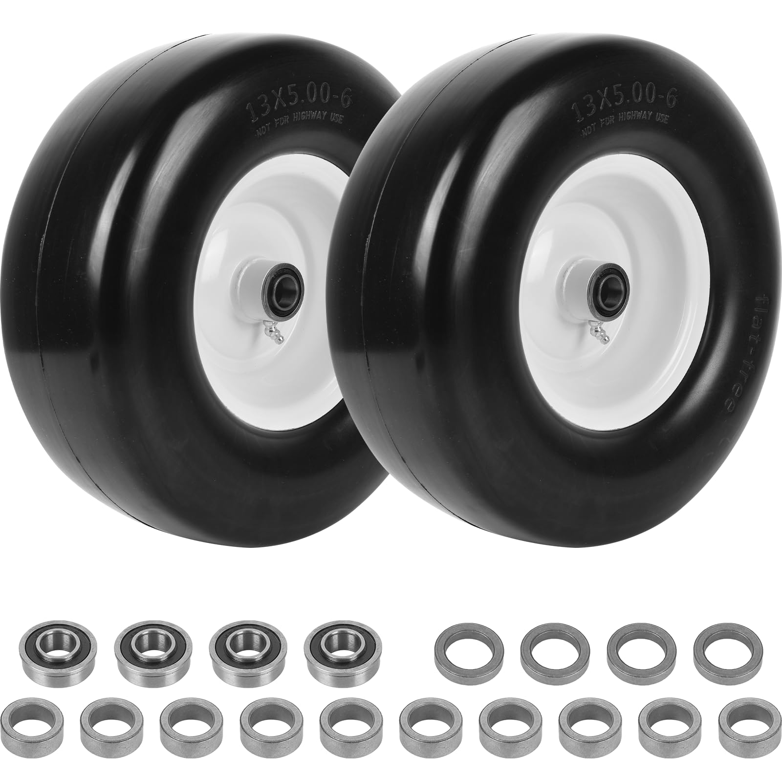 AR-PRO (2 Pack) 13 x 5.00-6" Flat Free Tire and Wheel, Replacement Solid Lawn Mower Tires with Rim, 3" Centered Hub and 3/4" Extra 5/8" Bearings - Fit for Most Riding Mower, Garden Lawn Tractor