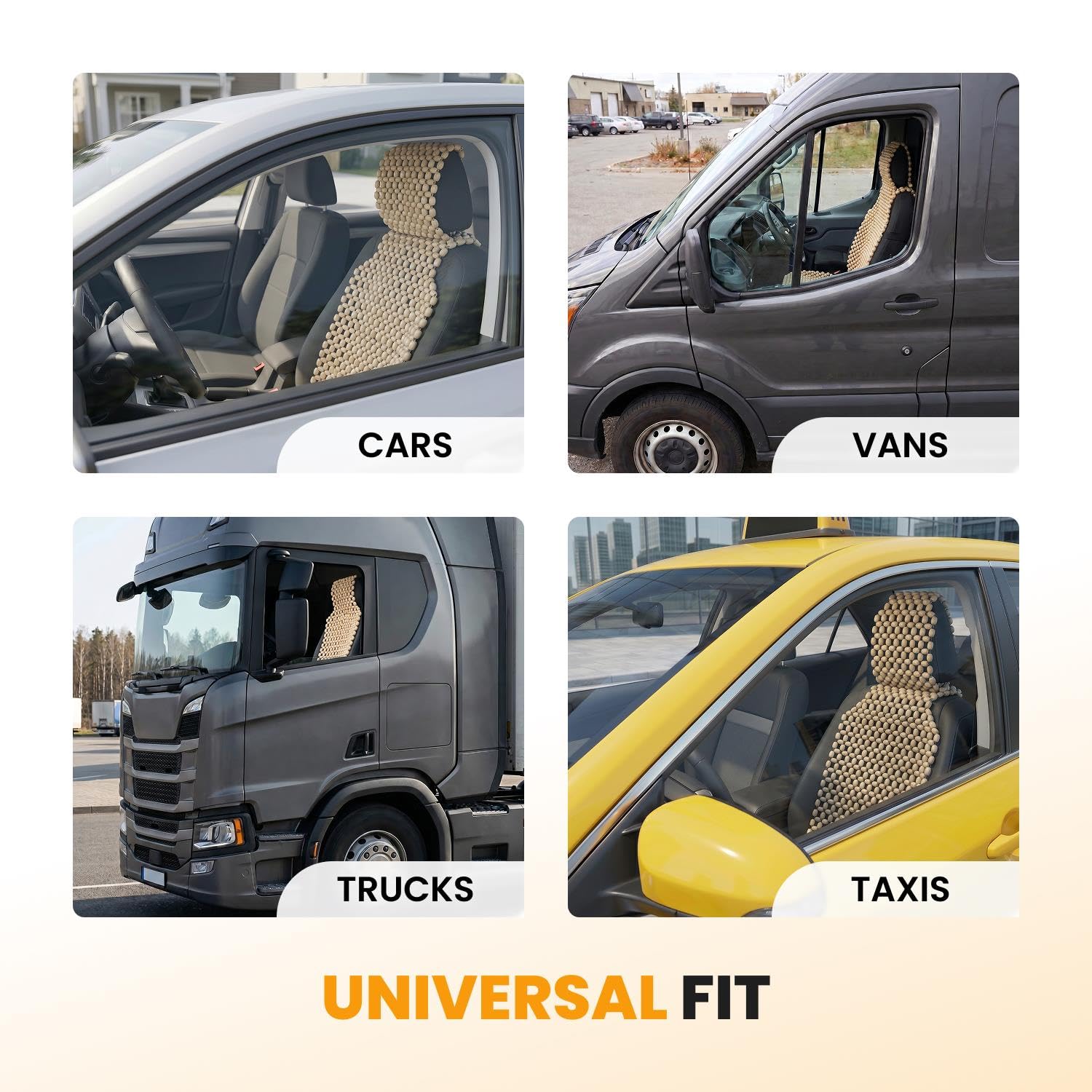 NOVECRAFTO Autositzbezug mit Holzperlen und Kopfstütze – Naturholzperlen-Massagegerät für Auto, Van, LKW & Taxi – atmungsaktives kühlendes Sitzkissen – universelle Passform – 143 x 50 cm – Weiß