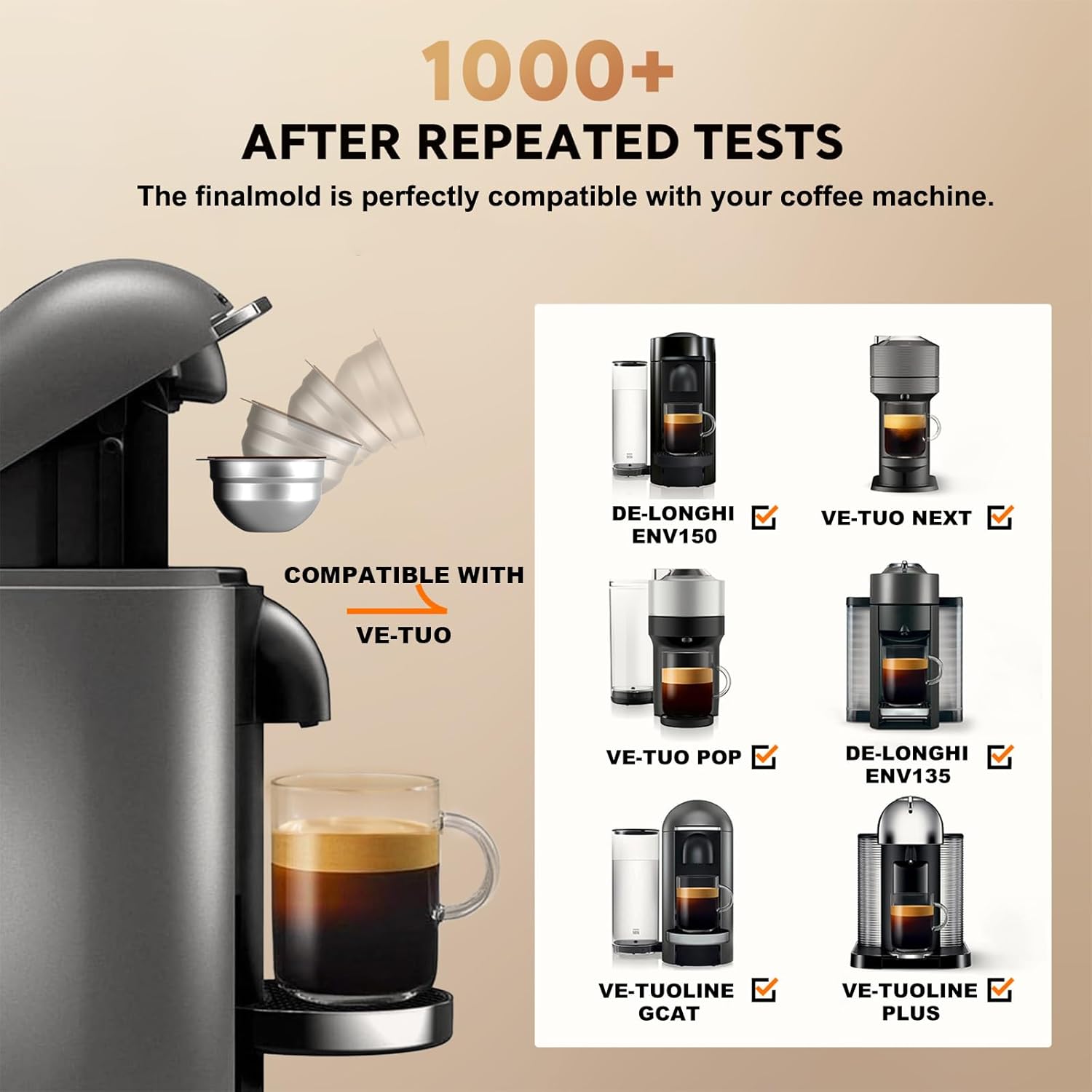 Reusable Stainless Steel Coffee Capsule for Nes-resso Ve-tuo, 80mL Refillable Pod with Food Grade Silicone Lids and 41mm Tamper, Compatible with Ve-tuo Plus/Pop/Next Machines