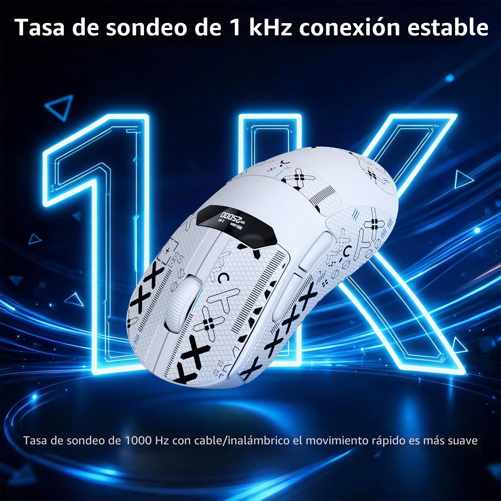 A.JAZZ x Magic-Refiner R1 Ratón Gaming con Base de Carga magnética, Sensor PixArt PAW3311, BT/2,4G Inalámbrico/Cableado con Pantalla, ratón 25000 dpi para Oficina y Jugadores,Blanco