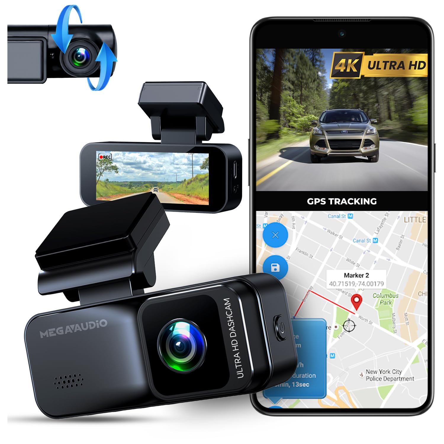 MEGAAUDIO MADVR08 4K Dash Cam | 3.18" Screen | 4096x2160 Front & 1920x1080 Rear | Wi-Fi & GPS | Night Vision | Parking Monitor | G-Sensor | Loop Recording | App Control | 64GB TF Card-image-5