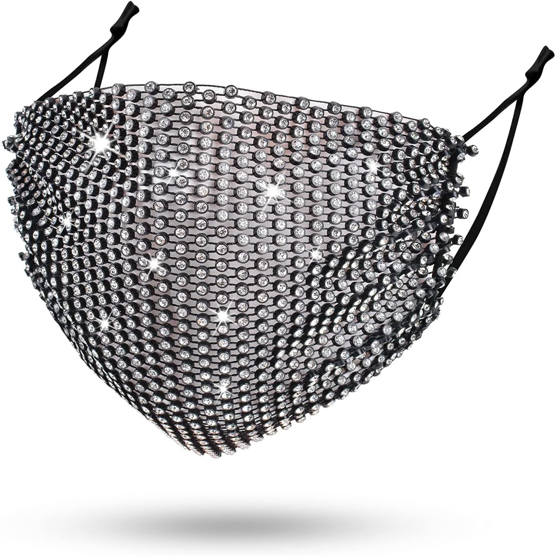 Auriviz Sparkly Rhinestone Mesh Bling Face Mask for Women,Chain Crystal Metal Masquerade Masks,Halloween Party Ball Party Nightclub Face Necklace for Girls(Black)