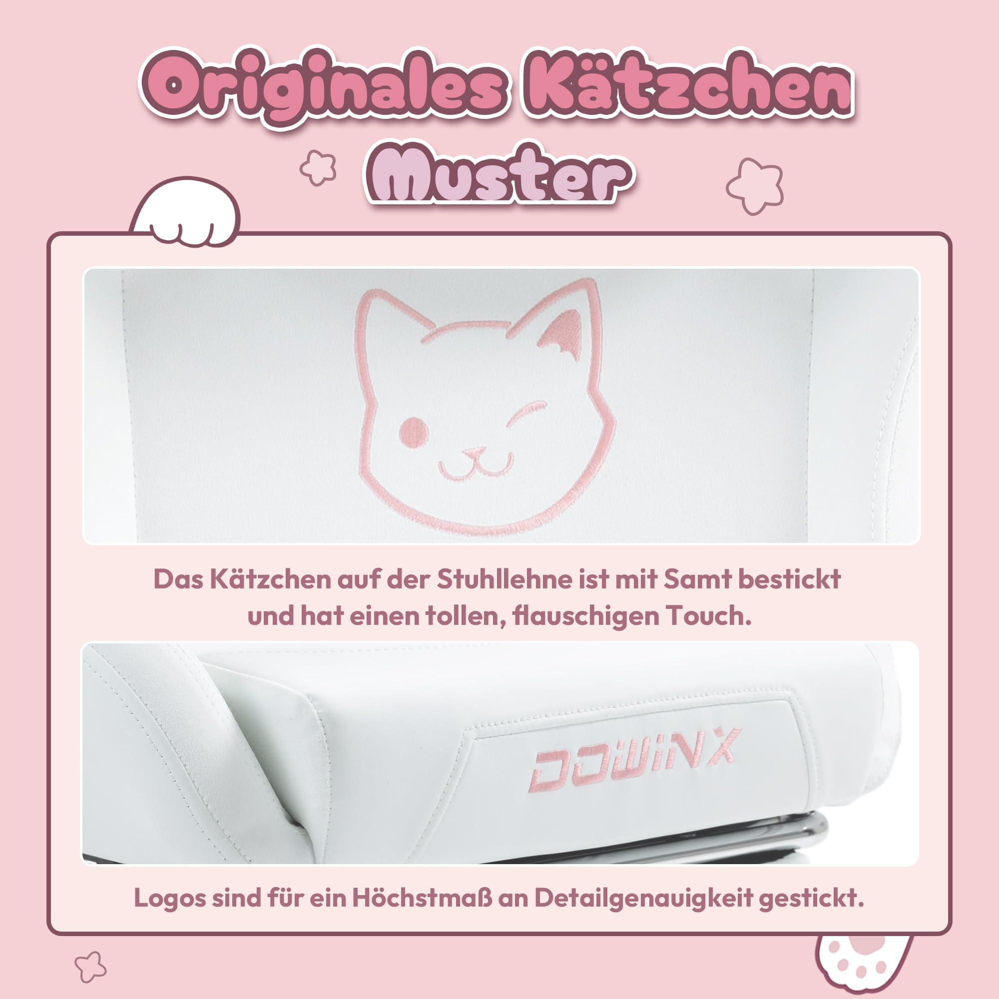 Dowinx Gaming Stuhl,Gamer Chair,PU-Leder Sessel mit Katzenohren und Katze-Dekoration,Ergonomischer Gamingstuhl,150KG Tragkraft PC Stuhl,Verstellbar Fußstütze Armlehnen Rückenlehne,Katze-Weiß