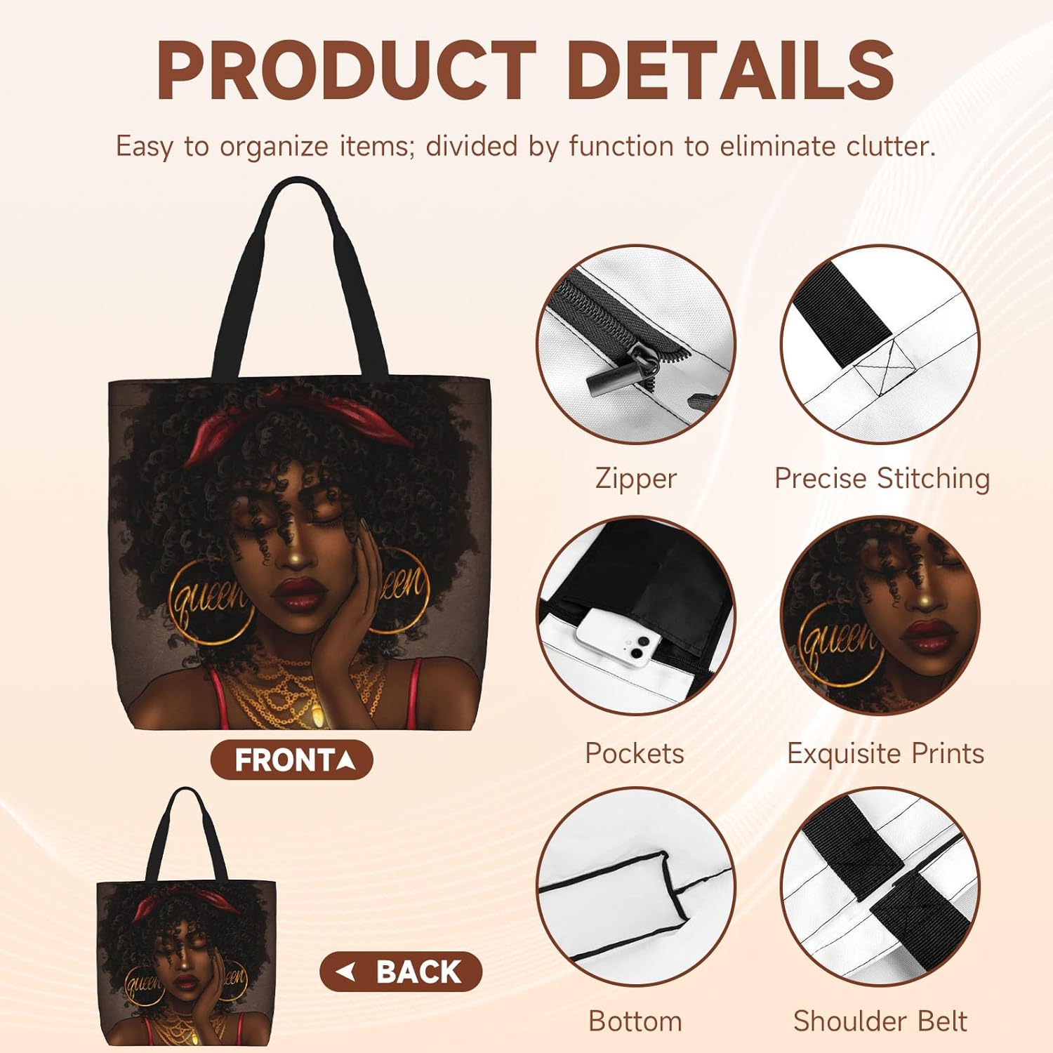 Tote Bag for Women, African American Tote Bags for Women, Lightweight Shoulder Bag Handbag for Travel, Work, Gym - Image 4