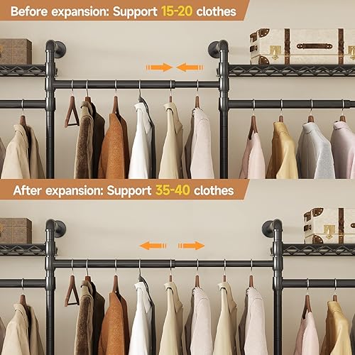 Miniatura 4 de Perchero para colgar en la pared, perchero industrial de metal con 2 varillas expandibles para colgar y 6 estantes, organizadores de armario y Negro