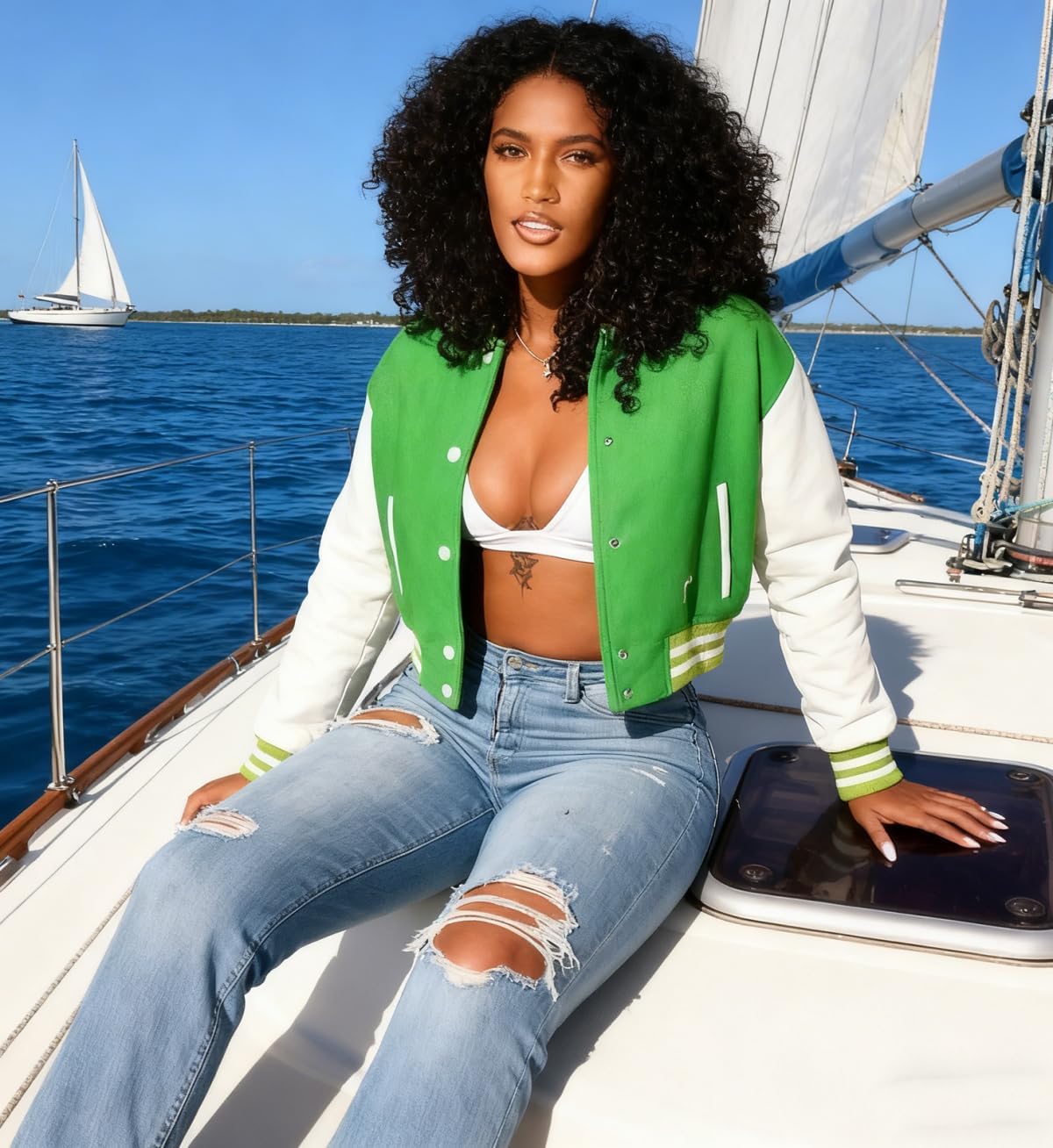 ThusFar Women Denim Distressed Jacket Puff Sleeve Ripped Pockets Vintage Washed Classic Button Up Cropped Destroyed Jean Coat - Image 2