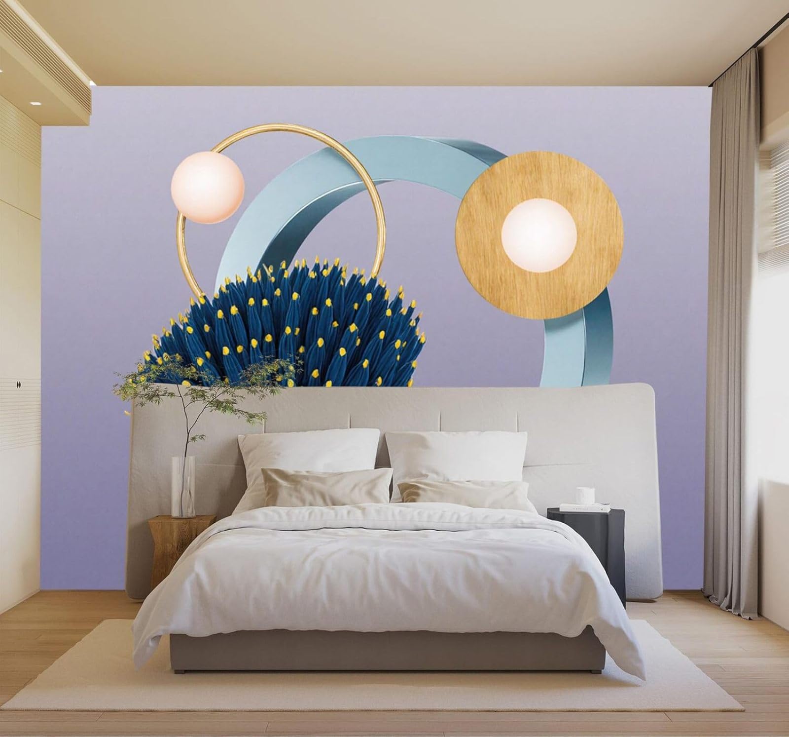 3D Papel Pintado Abstracto Geométrico Artístico Flores Azules Círculos