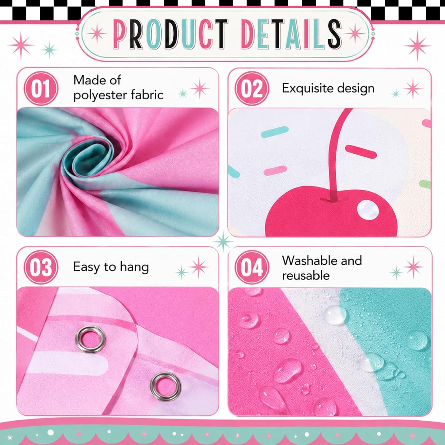4 Pcs 50s Retro Diner Party Decor Porch Banner Signs Checkered Runner Rug