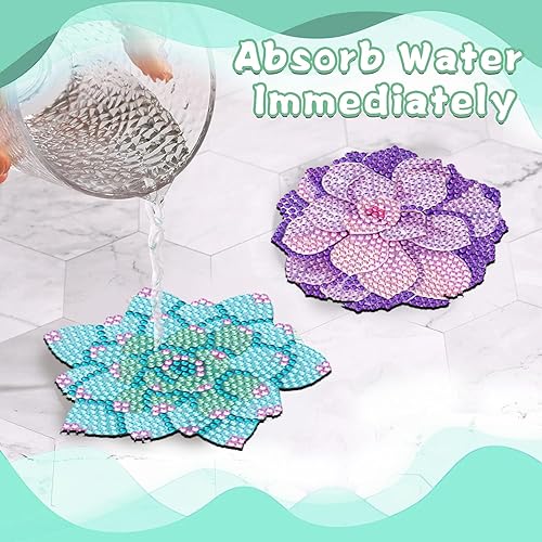 Miniatura 4 de xackcme Juego de 8 posavasos de diamantes para suculentas, con diseño de flores, con soporte, para plantas de bricolaje, con bases de corcho, para