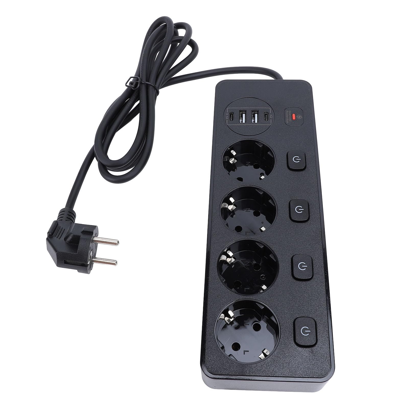 Listwa zasilająca 3250 W, 4 sztuki, 2 gniazda wtykowe, 2 sztuki szybkiego ładowania typu C, 2 porty USB, niezależny przełącznik, zabezpieczenie przed przeciążeniem