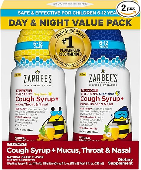 Zarbee's Kids All-in-One Day/Night Cough Value Pack for Children 6-12 with Dark Honey, Turmeric, B-Vitamins & Zinc, 1 Pediatrician Recommended, Drug & Alcohol-Free, Grape Flavor, 2x4FL Oz