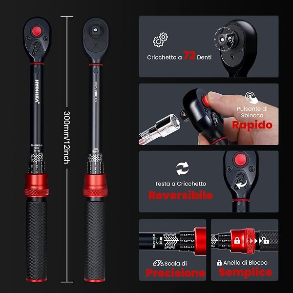 HYCHIKA Chiave Dinamometrica 3/8 di Pollice, 10-60Nm, Precisione ±2%, 72 Denti, Kit Dinamometrica con Adattatore da 3/8 a 1/4, Giunto Card, Barra di Prolunga per Auto, Moto, Bici, Lavori Meccanici - 2