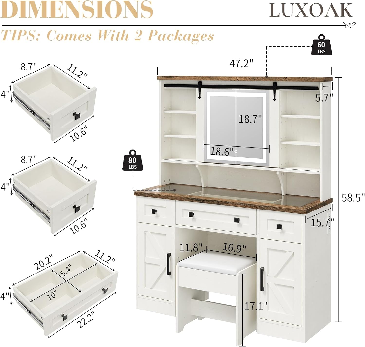 Barn-door cabinets with adjustable shelves and included stool