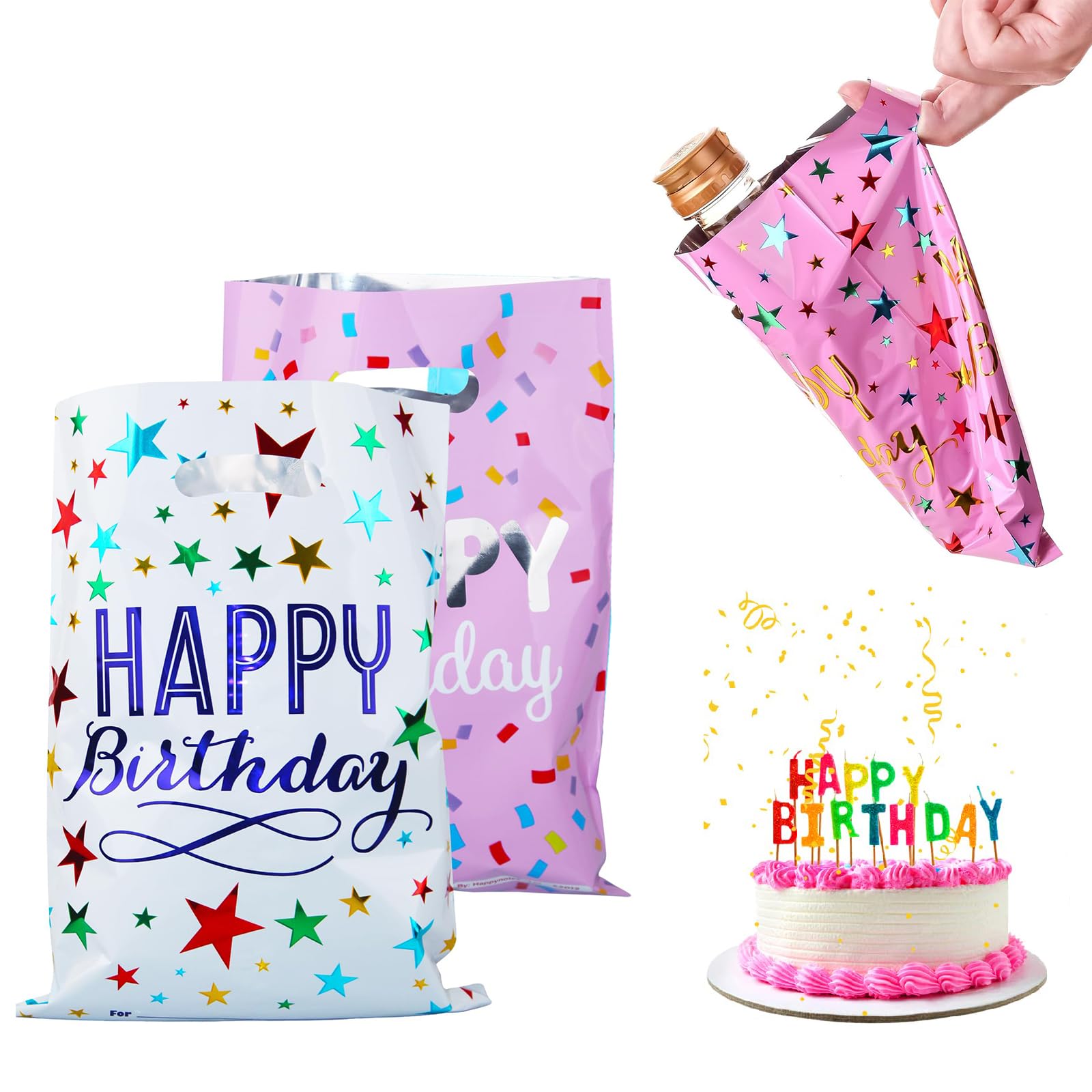 Guddy Bags - 20 PCS Small Gift Bags For Boys And Girls - Party Returns - Foil - Medium Size (White & Pink)