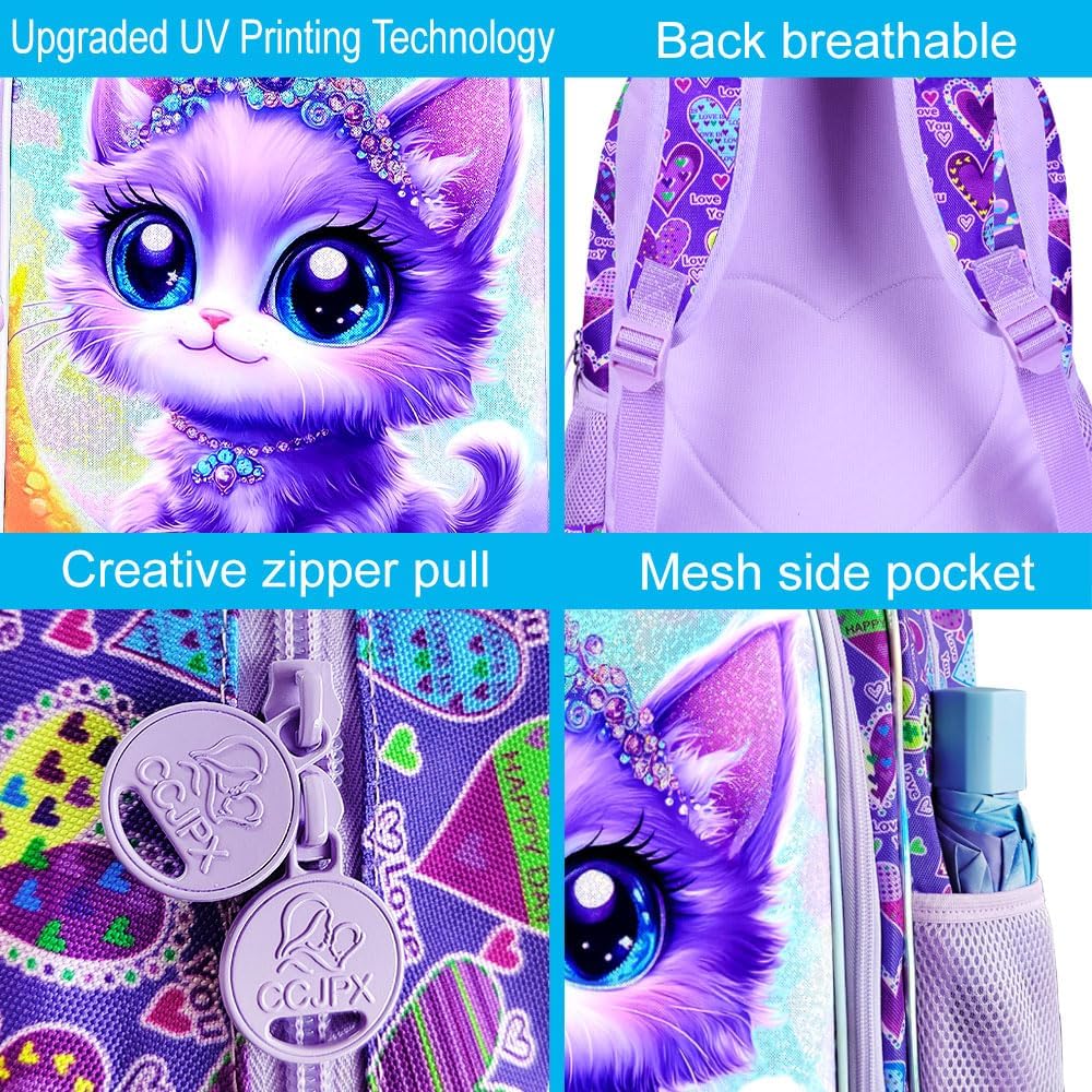 UFNDC 3PCS Cat Preschool Backpack, 16" Cute Moon Bookbag with Lunch Box, Water Resistant School Bag for Girls