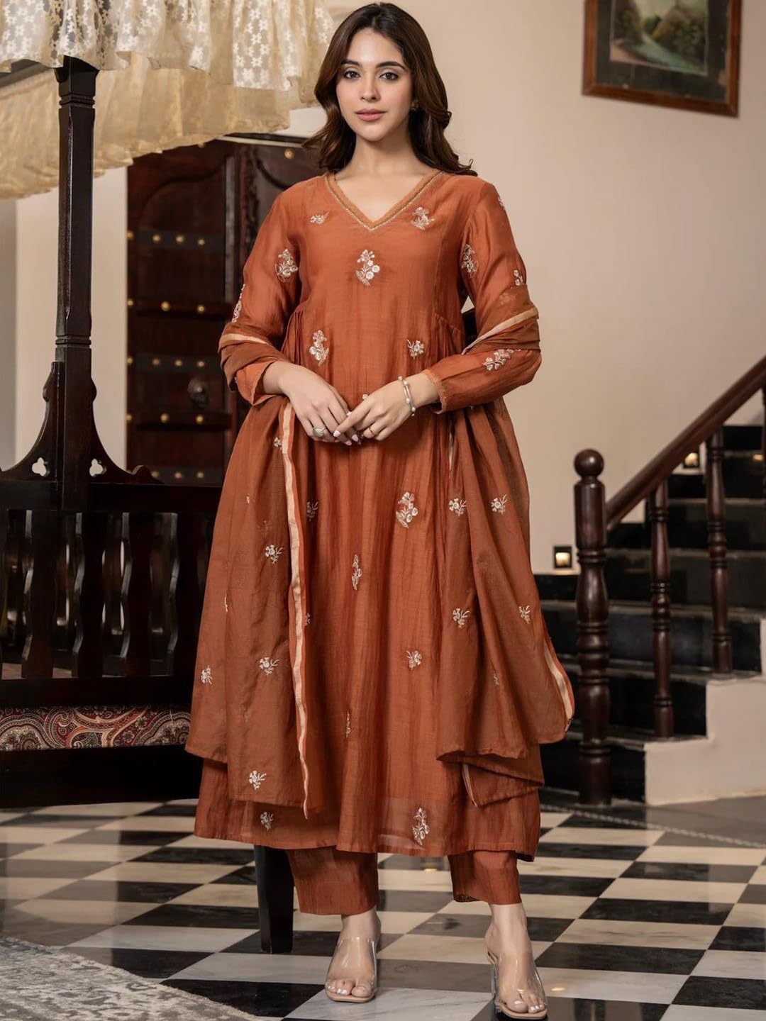 HSD Indisches Anarkali-Anzug-Set für Damen, ethnisch, bestickt, lang, ausgestellt, Kurti mit Dupatta und Hose