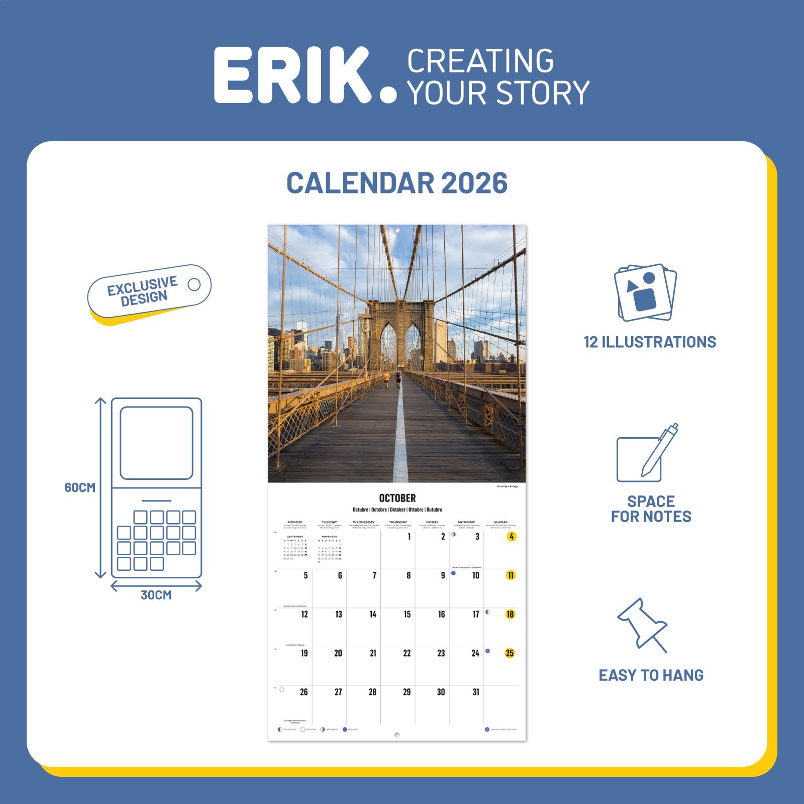 Grupo Erik Wall Calendar 2026 - New York Calendar 2026 | Square 30 x 30 cm - 12 x 12 inches Wall Planner, Family Planner Month To View | New York Gifts For Friends