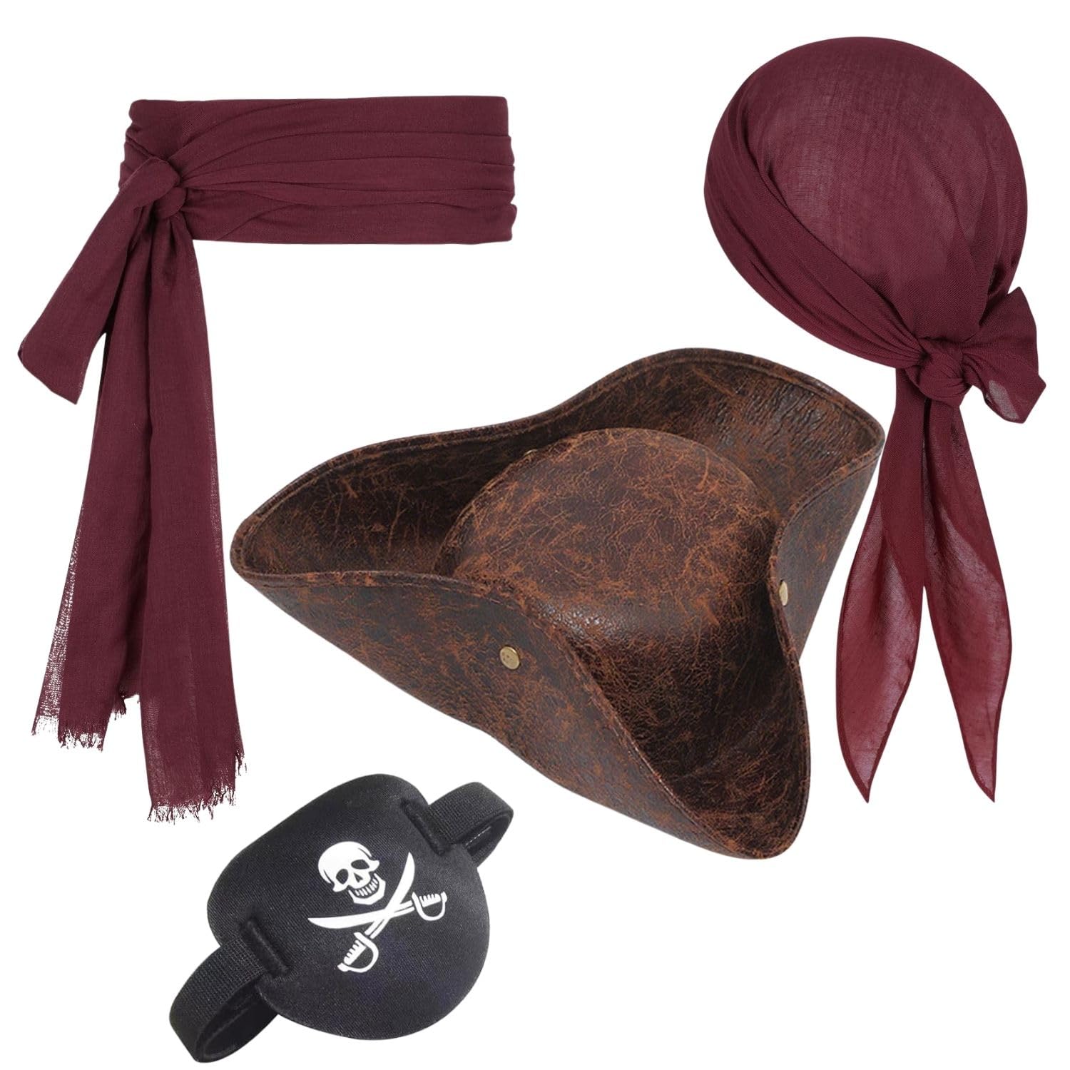 AUCANNIO 4PCS Pirate Costume Accessories for Adults Hat Headscarf Sash Belt Eye Masks Patch Premium Pirate Accessories for Halloween Costume Fancy Dress Colonial Medieval Role Play Theme Party