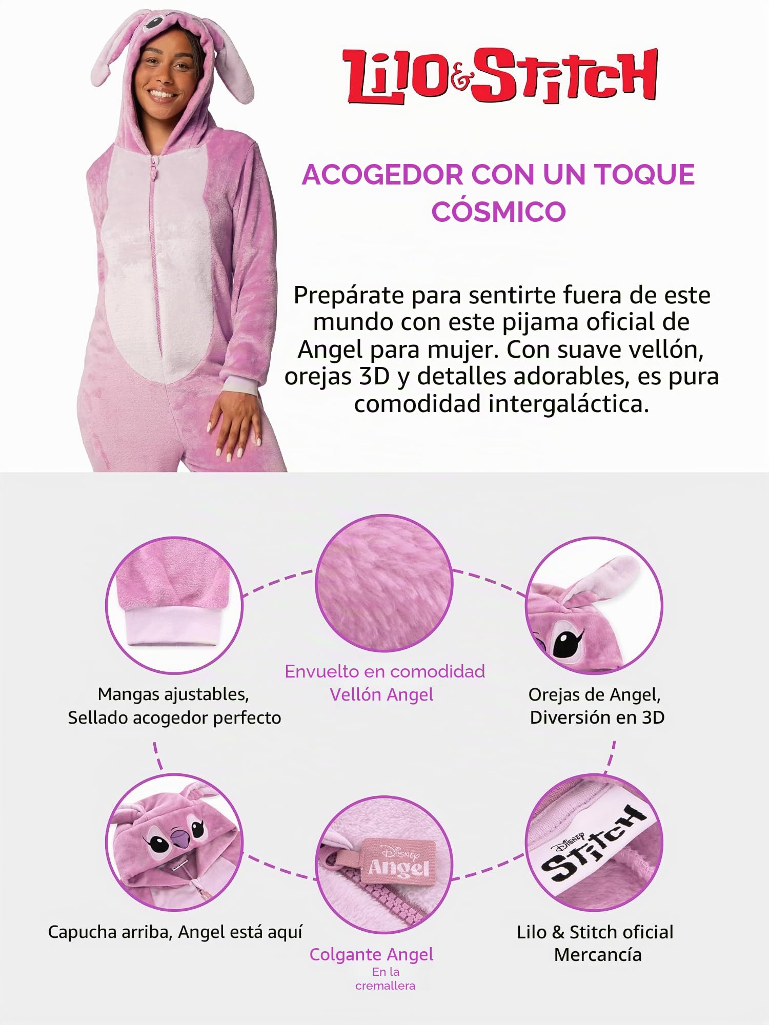 Disney Lilo Y Stitch Body Mujer, Onesie Mujer De Angel, Pijama Stitch para Adultas, Disfraz Pijama De Angel