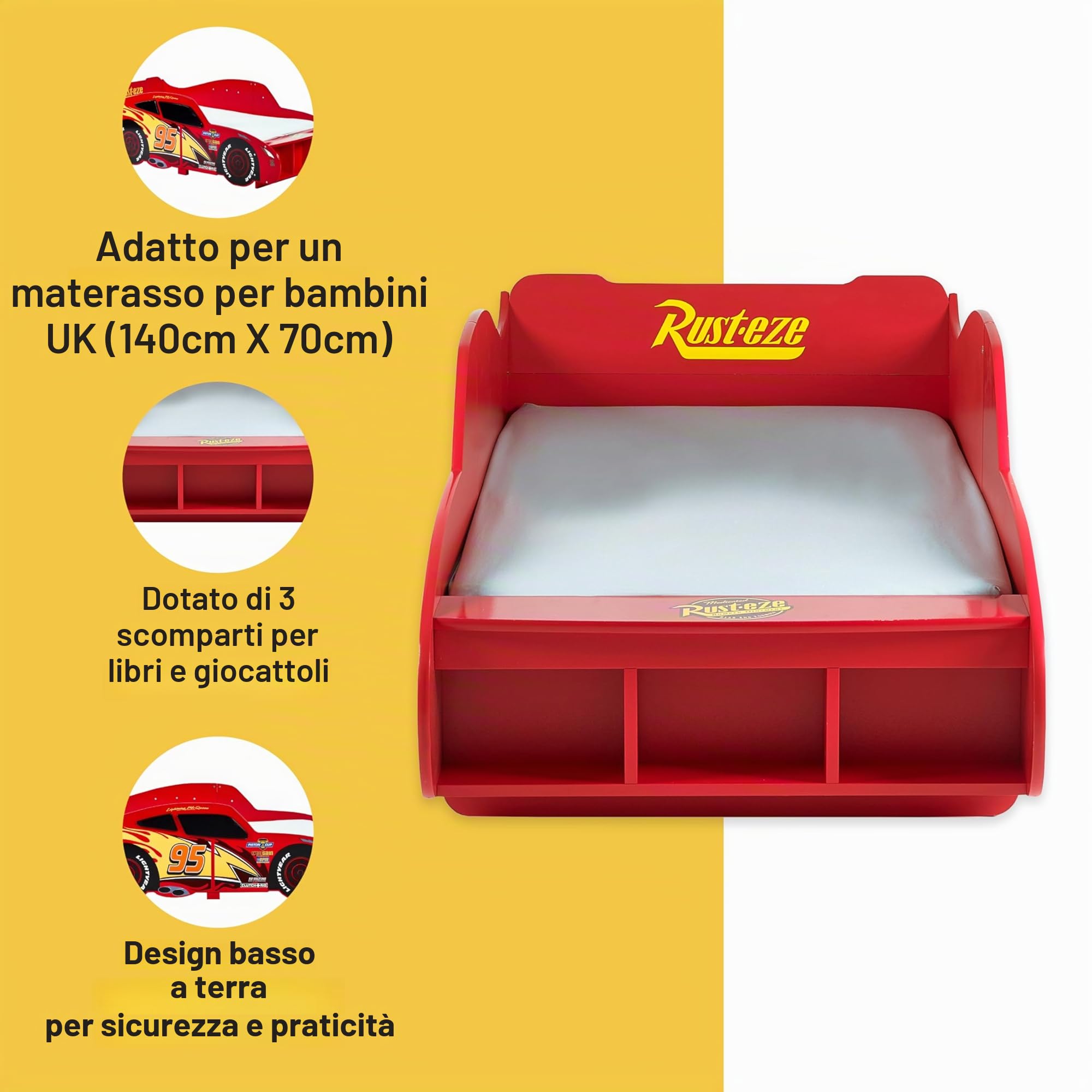 Disney Cars Saetta Mcqueen - Lettino per bambini, struttura robusta, lati protetti, doghe in legno, colore rosso brillante, adatto per materassi da 140 x 70 cm (materasso non incluso)