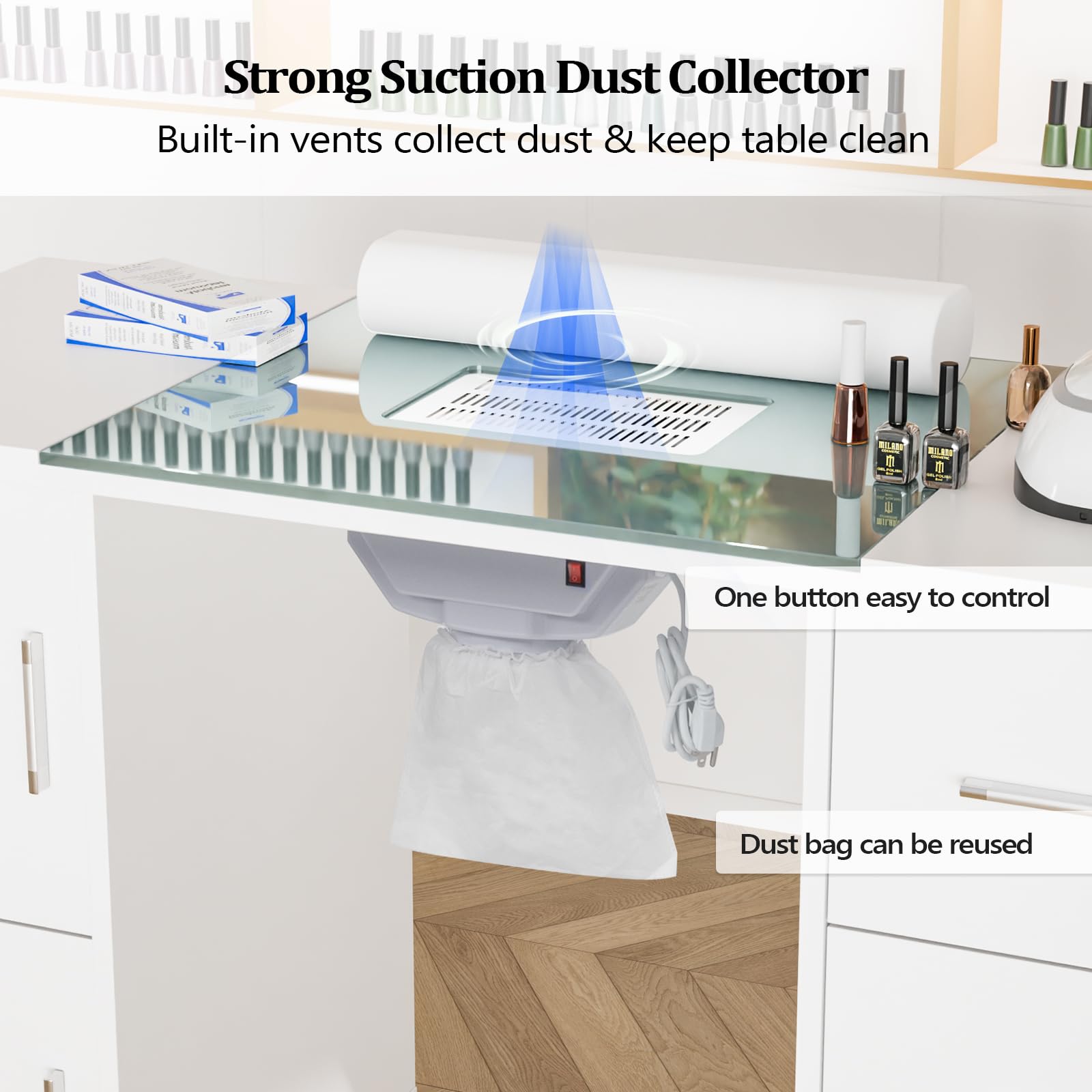 OmySalon Manicure Table with Glass Top, Wrist Rest & Storage