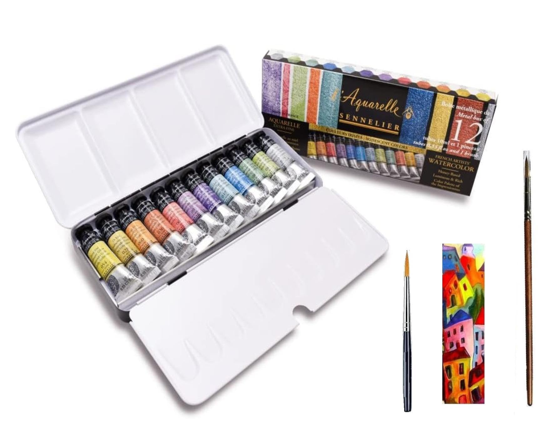 Sennelier Aquarellfarben-Set, extrafines, irisierendes Fines, Metalldose, 12 Farben x 10 ml, mit 2 Pinsel
