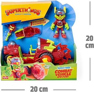 SUPERTHINGS KAZOOM POWER – Kid Fury Combat Vehicle. Kid Fury's combat vehicle from the animated series Kazoom Power. Contains 1 Combat Vehicle, 1 Exclusive Kid Fury, 1 Weapon, and 1 Accessory.