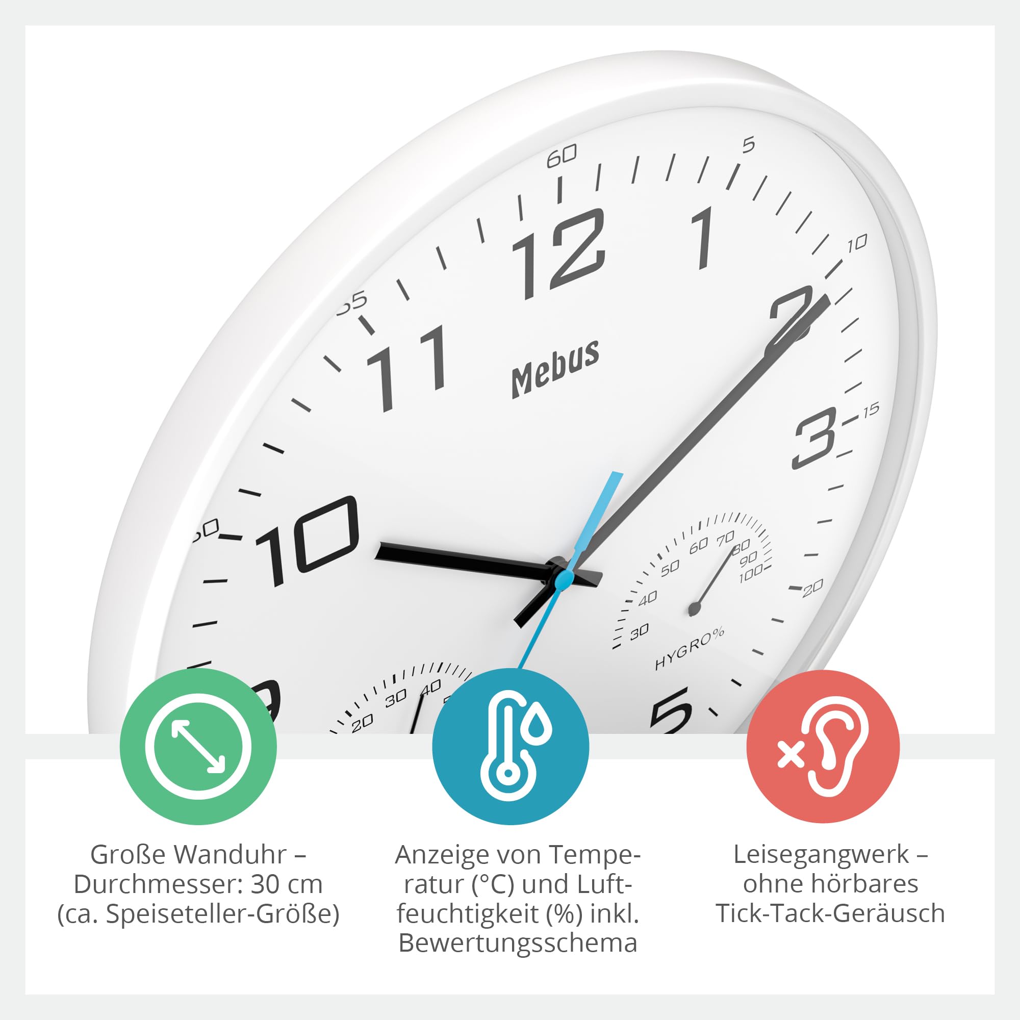 MEBUS moderne Quarz-Wanduhr mit Temperaturanzeige und Luftfeuchtigkeit, 30 cm Durchmesser groß, Wohnzimmer, Küchenuhr, Rund/Modell: 16181 / Farbe: Weiß