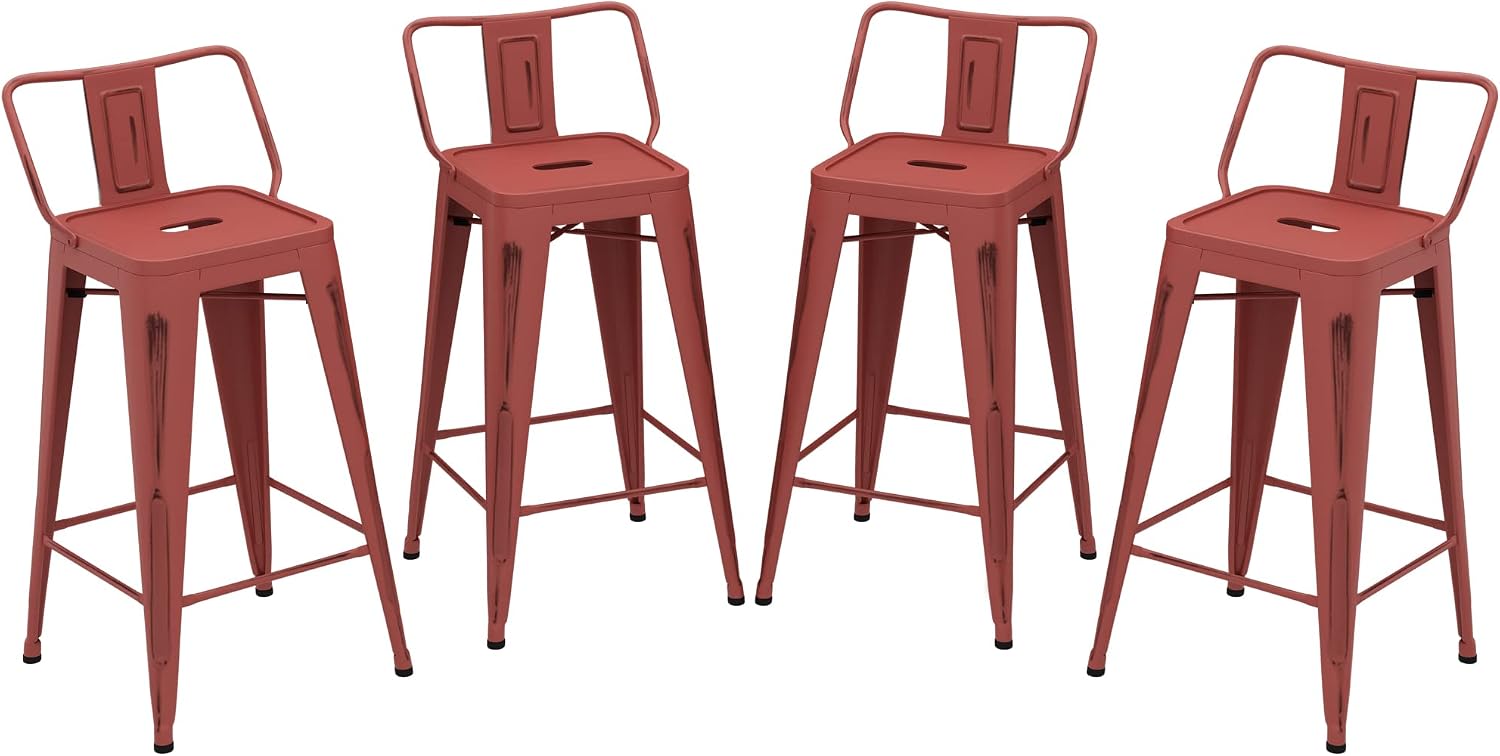 Andeworld Distressed Bar Stools Set of 4 Industrial Counter Stools Metal Barstools with Backrest (30 Inch, Distressed Orange Red)