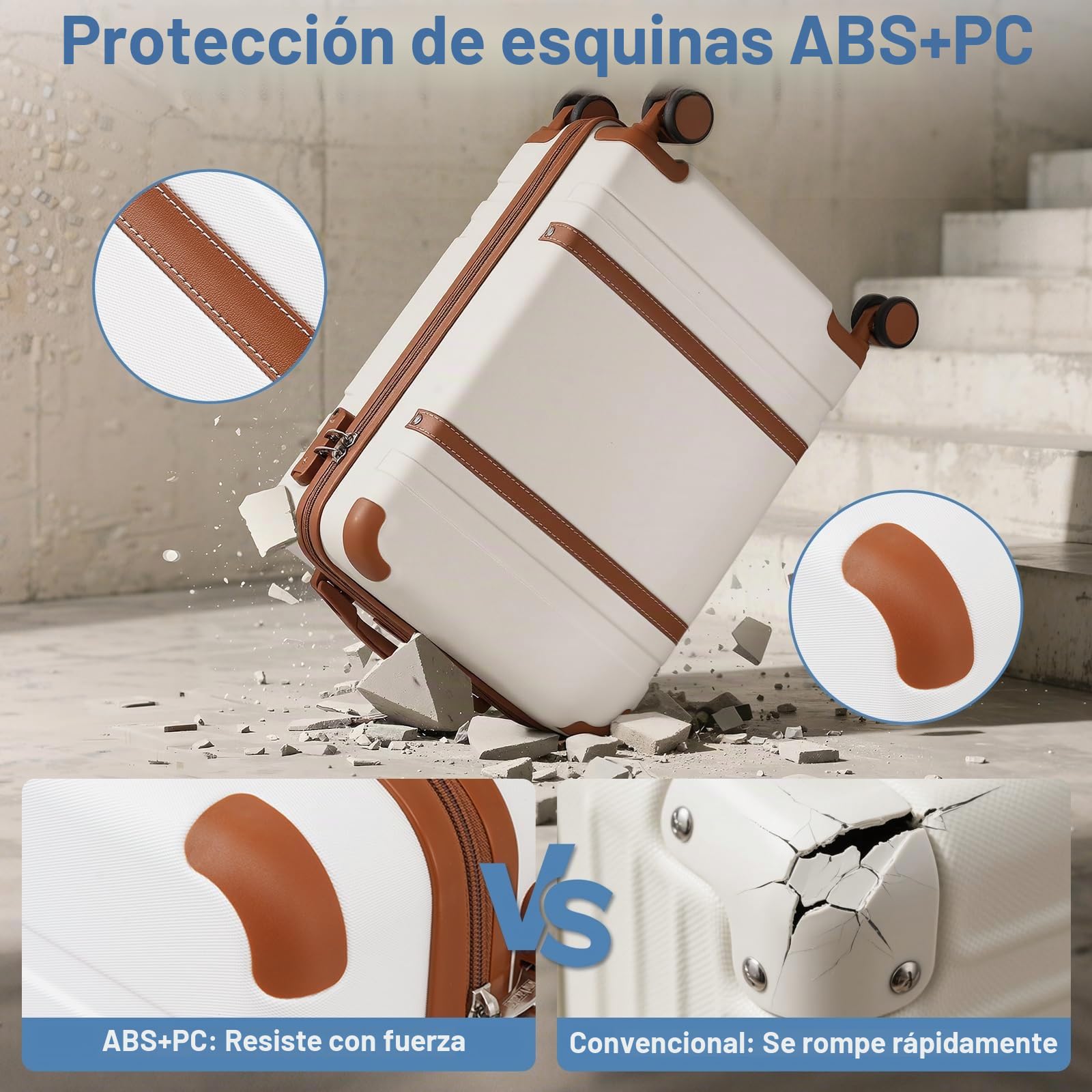 COOLIFE Maleta de cabina de 55 x 35 x 20 cm para Ryanair, equipaje de mano, maleta rígida con cerradura TSA y 4 ruedas gemelas, blanco y marrón., 55×35×20 -Set 2pzs