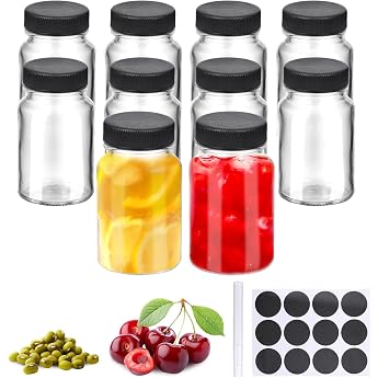 Pack of 10 Small Shot Bottles for Filling Shot Glasses with Lid Small Glass Bottles Reusable Mini Shot Glass Bottles 60 ml Wide Mouth Shot Glasses for Juice Sauce Liquor Ginger