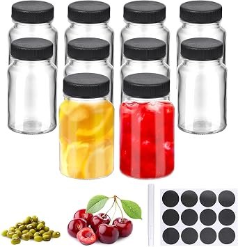 10 Pcs Glass Shot Bottles with Caps, 2oz Ginger Shots Bottles, Reusable Thick Mini Juice Shot Bottle with Label, Small Bottle, Wide Mouth Small Glass Jars with Lids for Oil Sauce Black Lid